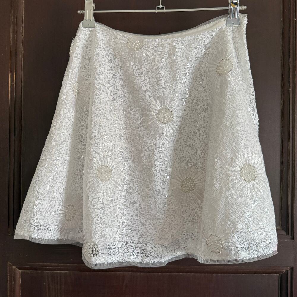 ZARA | Sparkly Girl's White Sequin Beaded Embroidered Floral A Line Skirt | 9-10